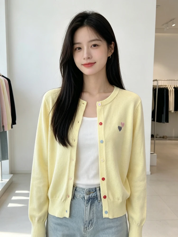 Autumn Winter Colorful Buttons Sweater Korean Style Heart‑Shaped Embroidered Women Knit Cardigan Stylish Vibrant Outerwear Coat