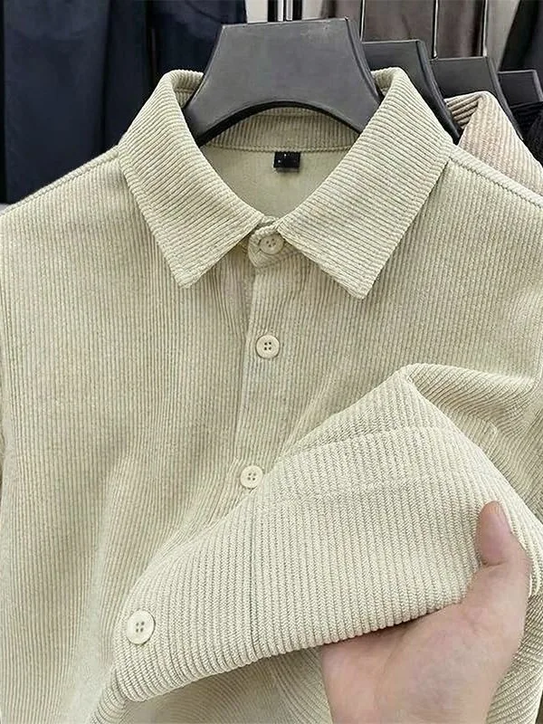 Elegant Long Sleeve Men's Shirt Luxury Texture Light Beige Loose Fit Casual Drapey Shirt Vintage Style Youthful Trend Polyest...
