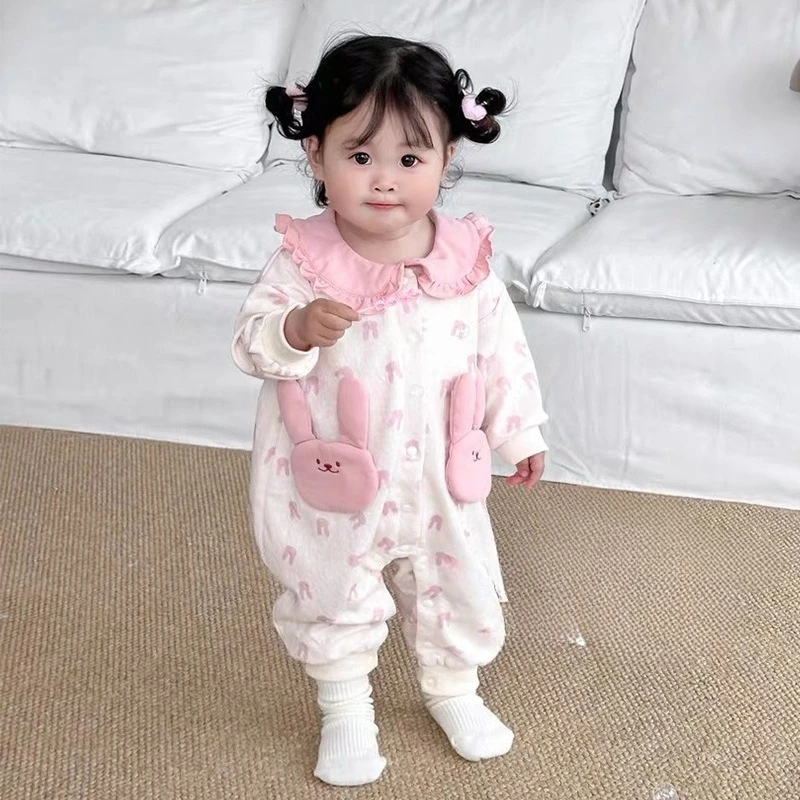 

Girl Rompers Baby 2025 Spring Autumn Dress Cute Fashionable Simple Rabbit Printed Lace Peter Pan Collar Jumpsuit