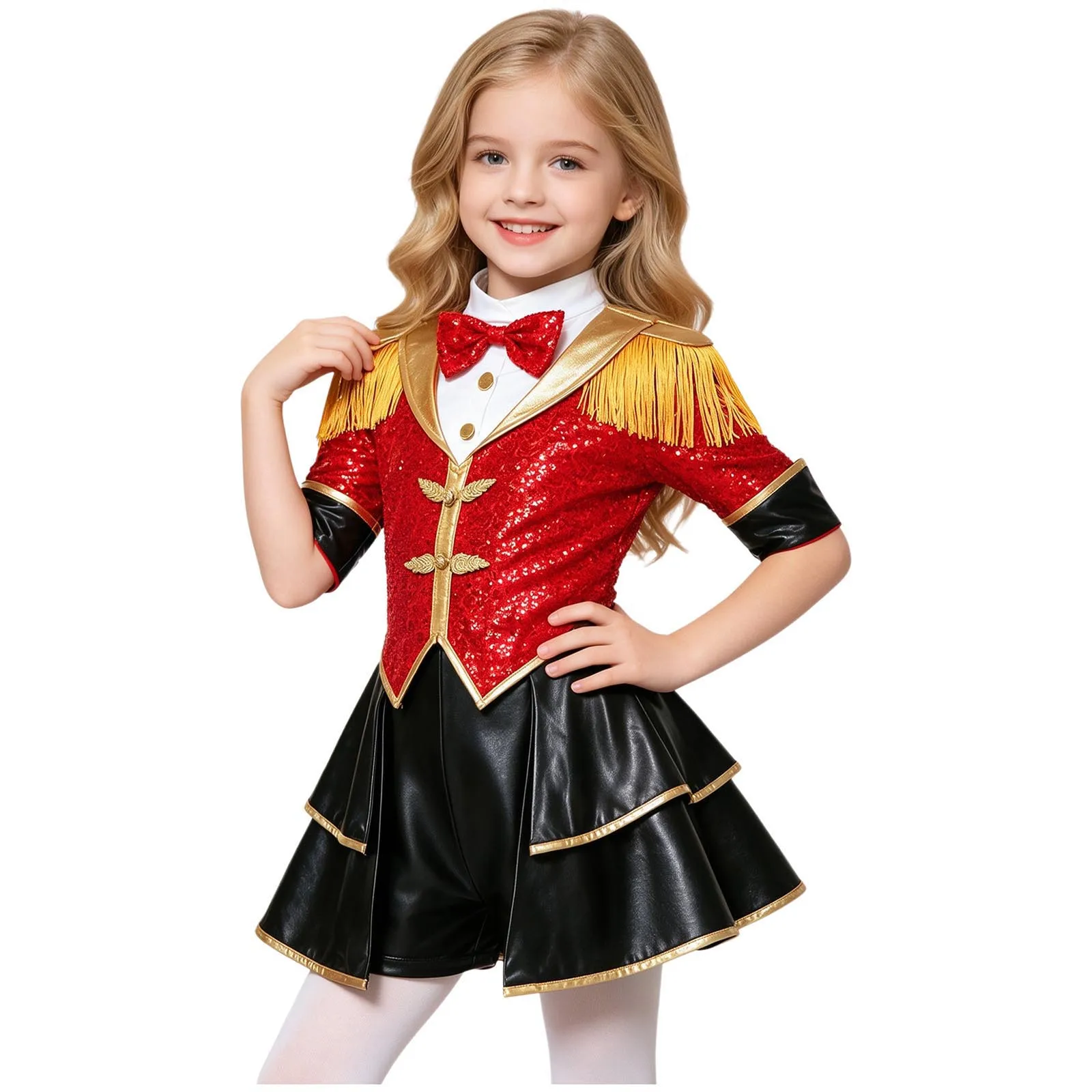 Kids Girls Circus Magician Halloween Ringmaster Lion Tamer Costume Drum Marching Band Sequin Skirted Jumpsuit for Carnival Party