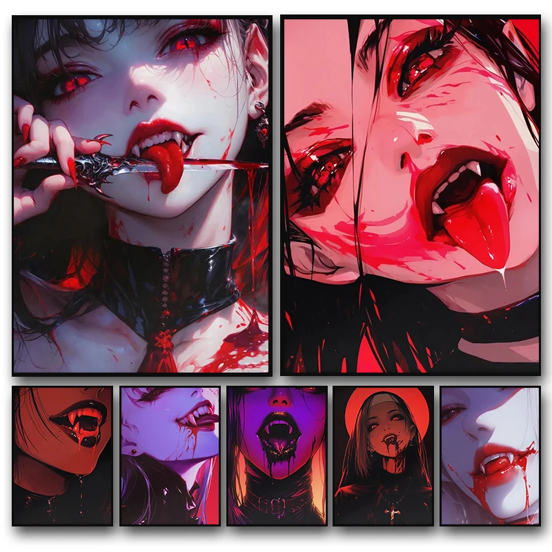 

Vampire Anime Sexy Girl Gothic with Sharp Teeth Red Lips Poster Print Wall Art Pictures Canvas Painting Living Room Home Decor