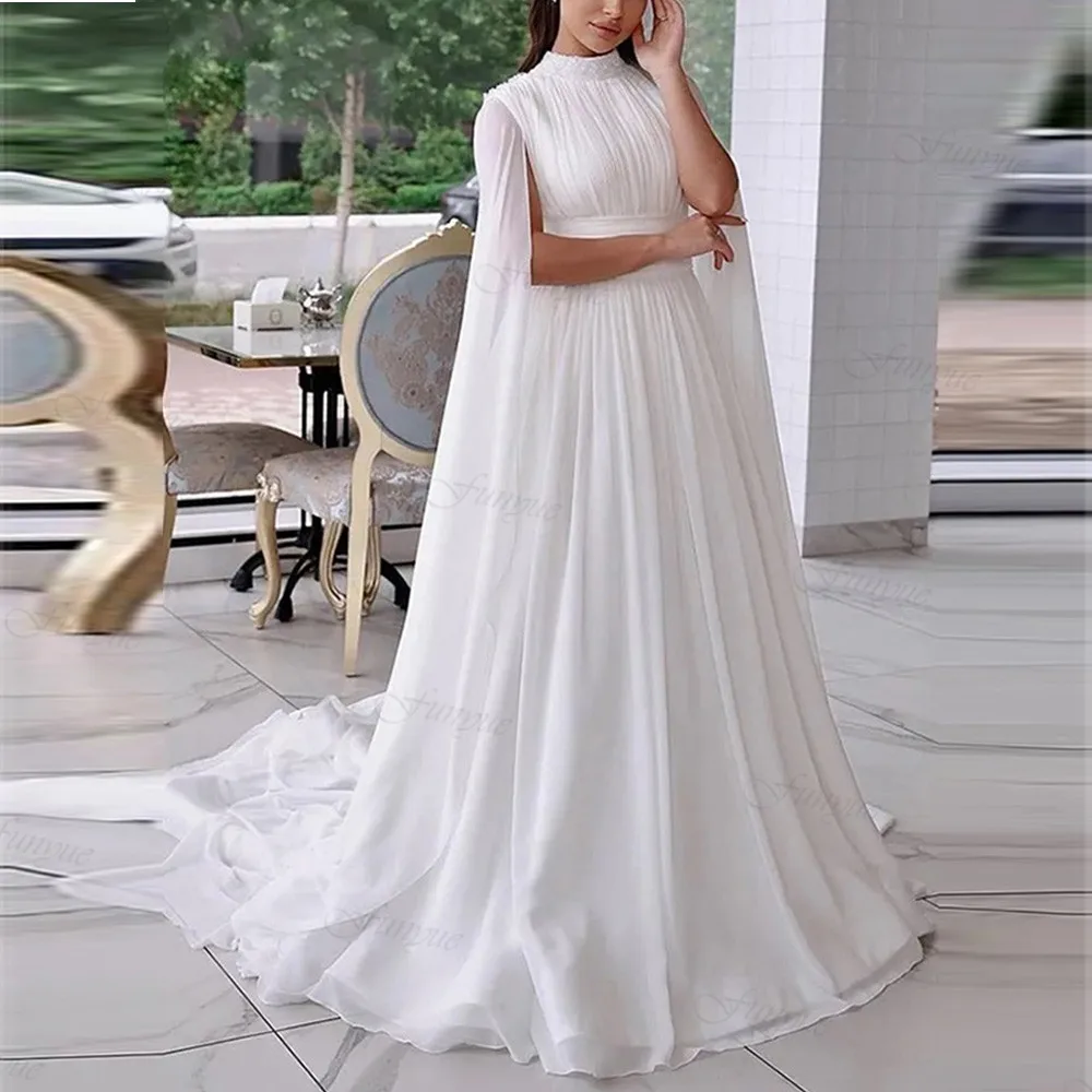 

Simple Chiffon with Beading Wedding Gowns with Cape High Neck Bridal Dress High Neck Abaya Bride Vestidos De Novia 2024