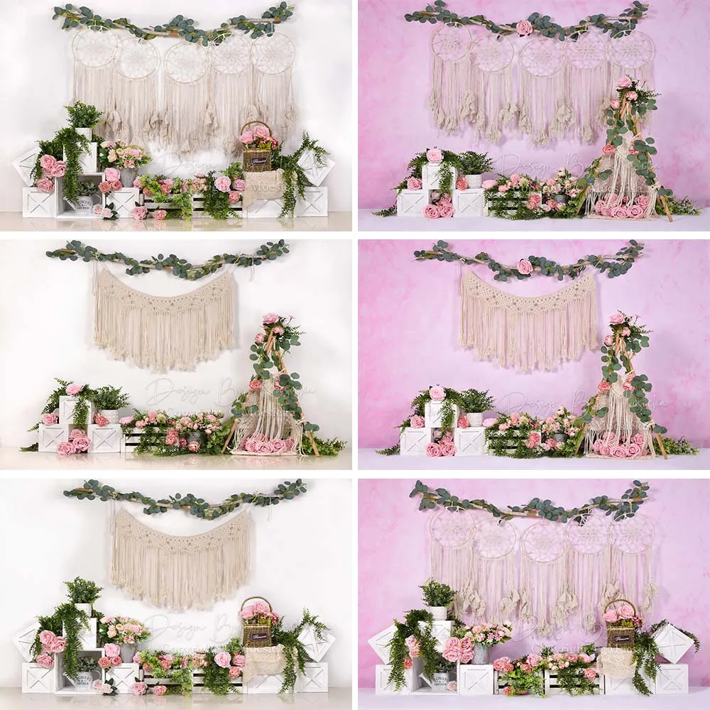 Mocsicka ฤดูใบไม้ผลิดอกไม้สีเขียวหญ้าสีชมพูการถ่ายภาพฉากหลังเด็กทารก 1st วันเกิดเค้ก Smash ภาพพื้นหลังถ่ายภาพ