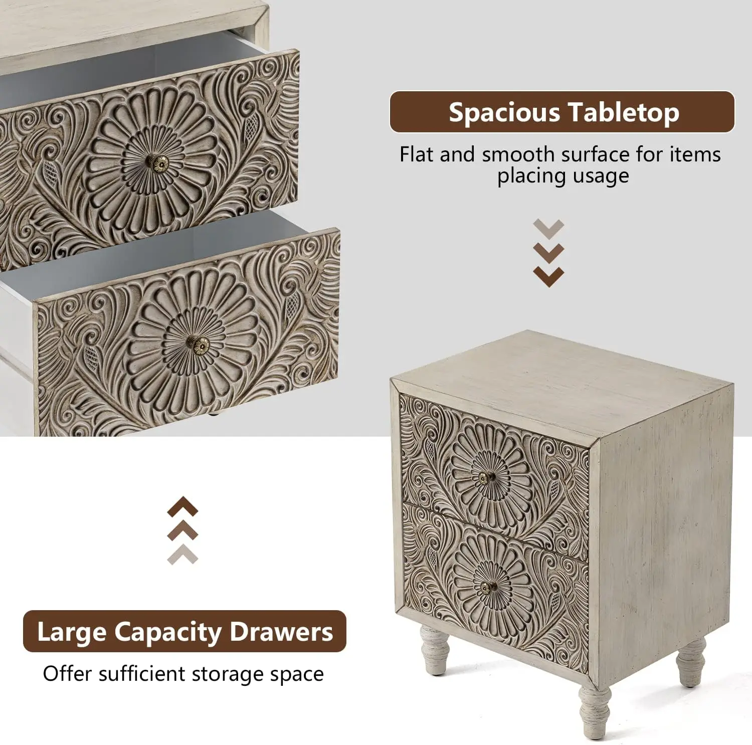 منضدة، طاولة نهاية MDF مقاس 14 بوصة عمق × 18 بوصة عرض × 21.5 بوصة مع درجين، طاولة بجانب السرير خشبية على الطراز العتيق، ملحقات غرفة النوم للمنزل