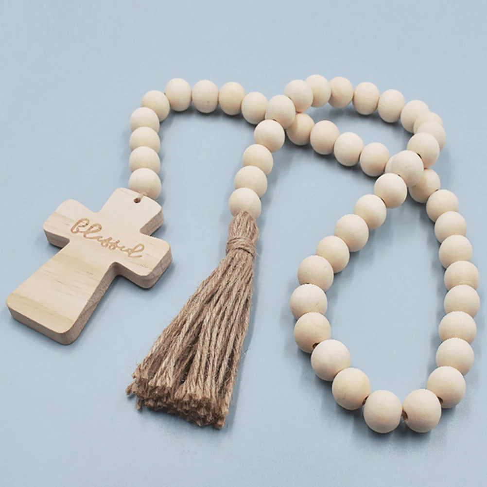 

2Pcs Rustic Wood Beads Garland Thanksgiving Home Wall Decoration Tassel Cross Pendant Wall Beads Hanging Adornment