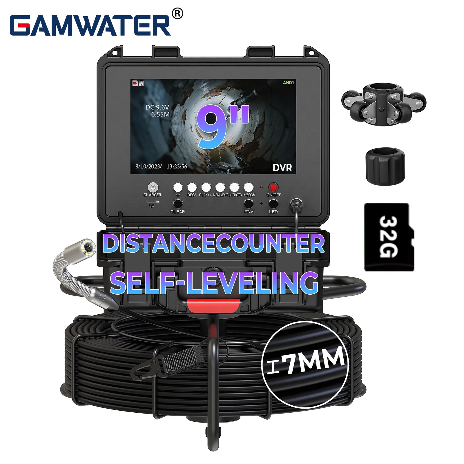 

Sewer Pipe Inspection Camera with 9" HD Screen, DVR 32GB Card, IP68, 7mm 30/50M Cable, 23mm Self Leveling Industrial Endoscope