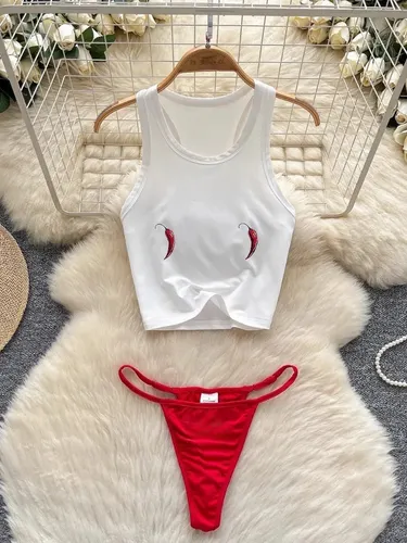 Imagen 1 del producto Foamlina Traje de playa junto al mar Traje de baño para mujer Conjunto de dos piezas Pure Desire Camiseta estampada sin mangas Chaleco Bikini Pantalones cortos triangulares