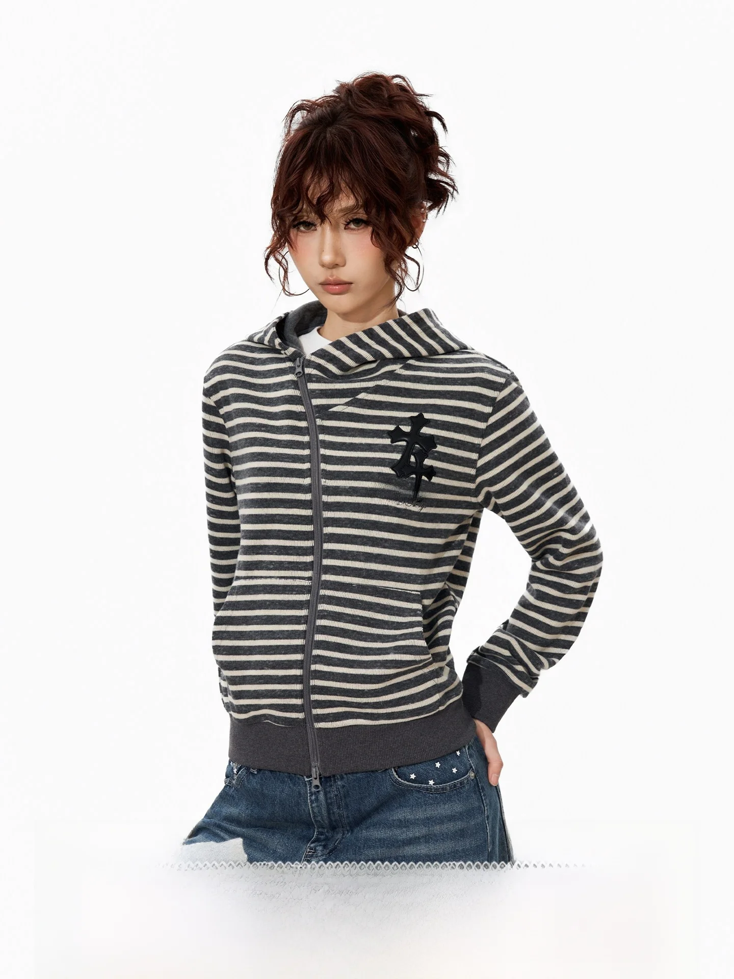 

S3T5 Zipper Hoodie Streetwear Short Style Striped Cross Design Unisex Casual Sweatshirt Wear Resistant Micro Stretch Fabric