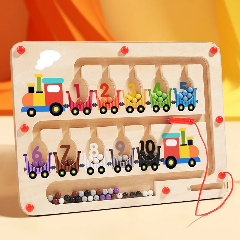 Wooden Children'S Magnetic Stroke Cognition, Maze Digital Color Classification Counting Board Beaded Intelligence Magnetic Maze