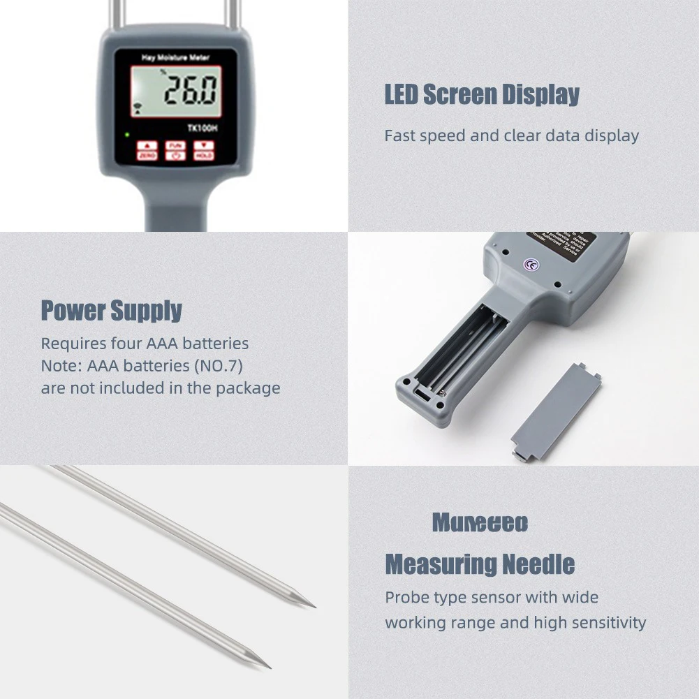 Grain Moisture Meter Accurate LCD Grain Tester Automatic Temperature Compensation Backlit LCD Display Storage Management