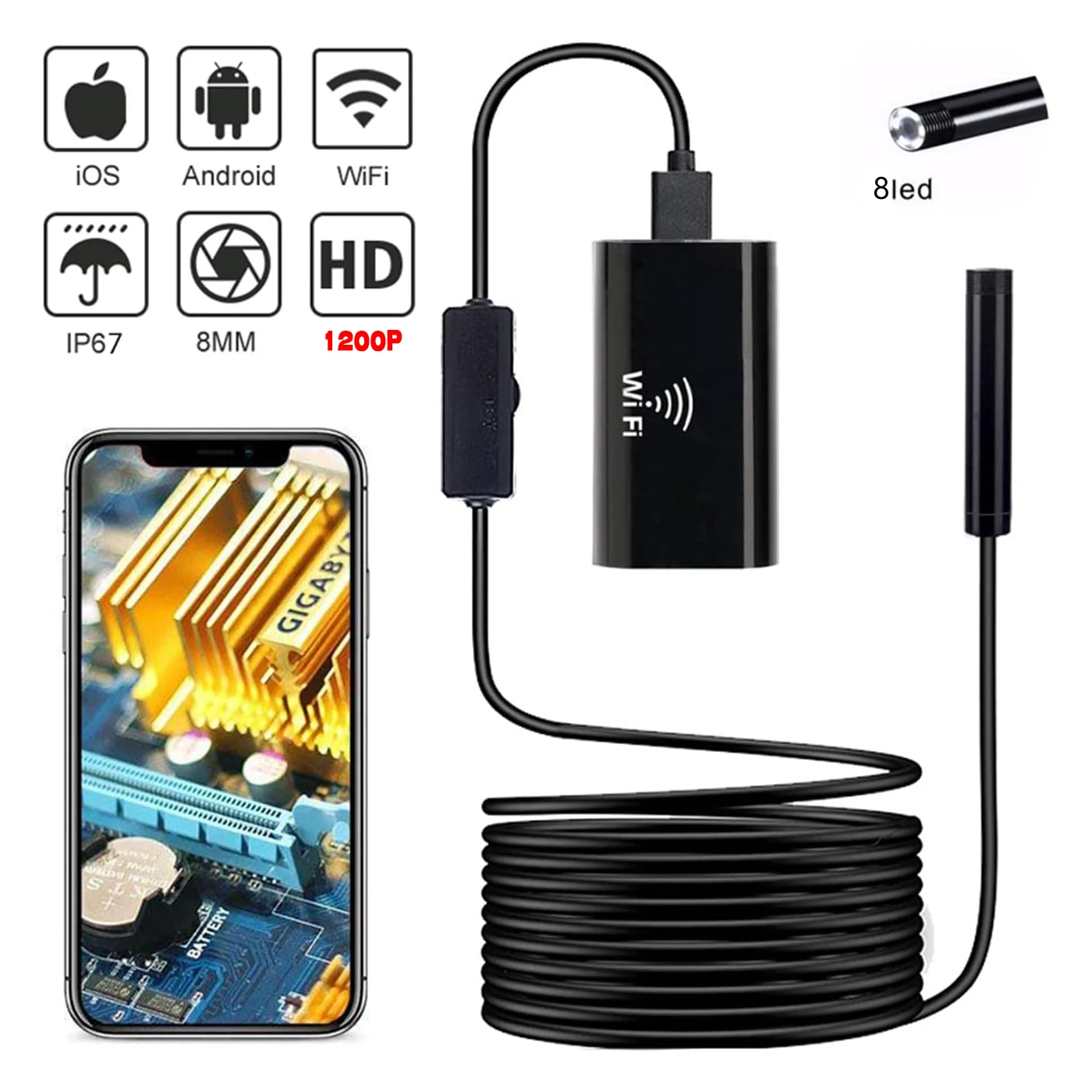 8MM 1200P Wifi Sewer Industrial Automotive Sewer Inspection Endoscope Camera For Iphone Ios Cars Android High Quality Pipes