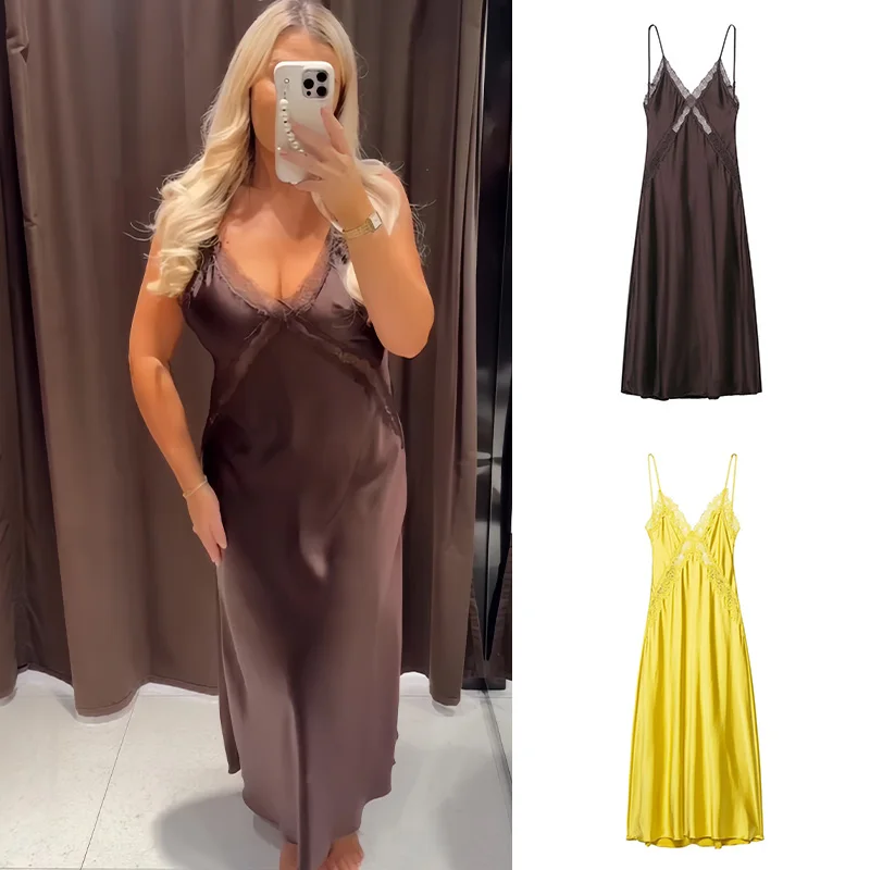 HH 2026 Women Summer Sling Midi Dresses Yellow Hollow Out V-neck Lace Cutout Sleeveless Elegant Sexy Slim Stain Dress For Party