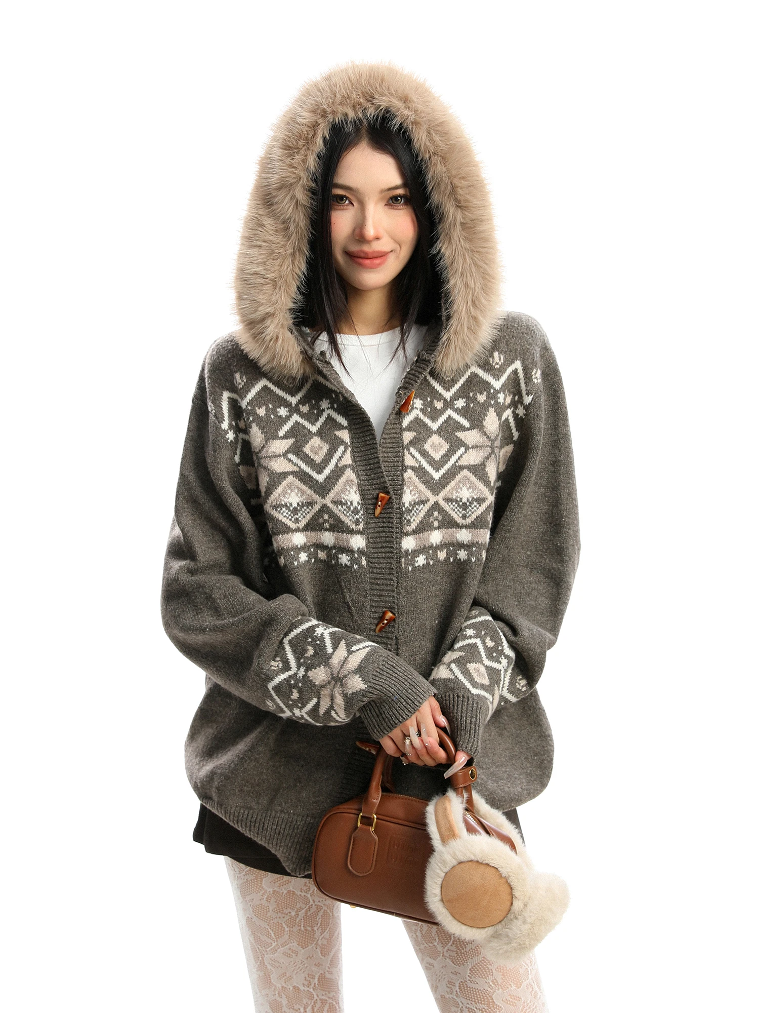 

Detachable Fur Collar Knitted Sweater Women's Autumn Winter Lazy Feel Button up Cardigan Ins Sle Long Sve Warmth Emitting