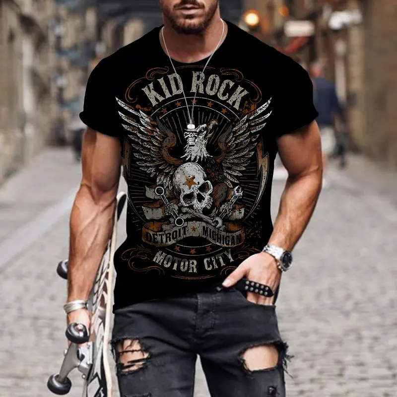 T Shirt for Men Retro Streewear Skull Print Hip Hop Man Clothing Graphic T Shirts Harajuku Male Short Sleeve Tee Trend Clothes