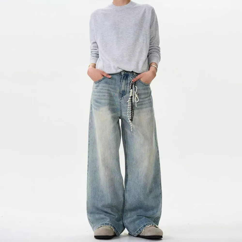

Men New Distressed Jeans Solid Color Washing Summer Men Trousers Loose Wide Leg Casual Straight Moustache Effect Male Bottom