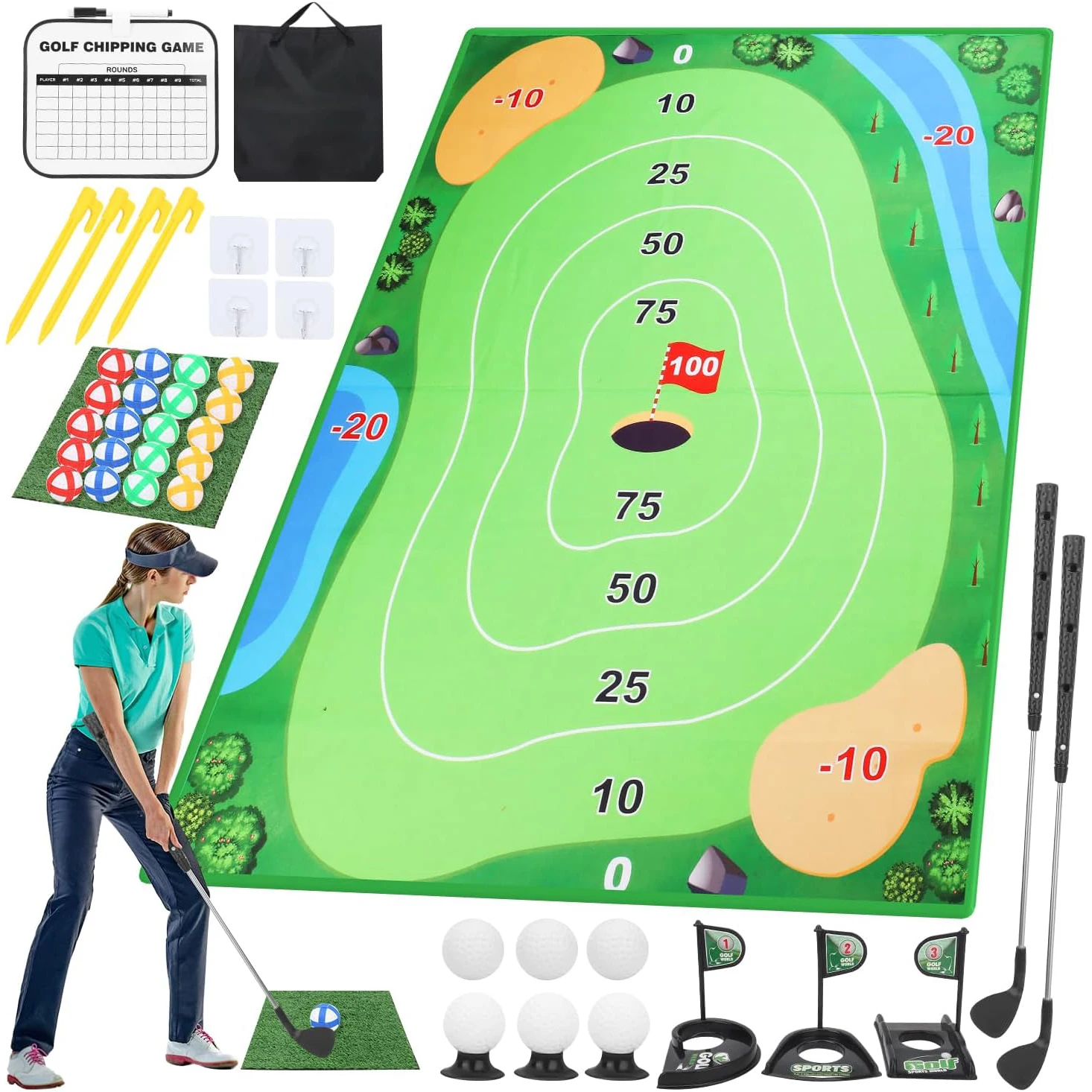 Chipping Golf Game Mat Set para Adultos e Crianças, Jogos Indoor e Outdoor, Backyard Golf Games, Prática, Equipamento de Treinamento, Vara