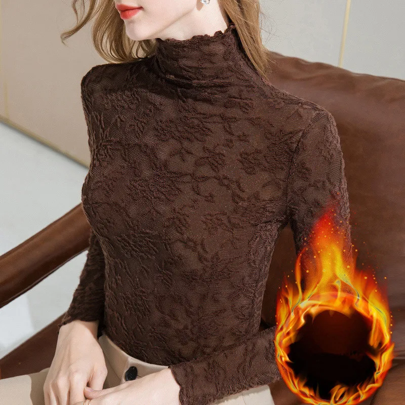 BOWEILUN High-Collar Lace Padded Bottoming Shirt Women French Retro Autumn and Winter Stacked Collar Slim Fit Long-Sleeved