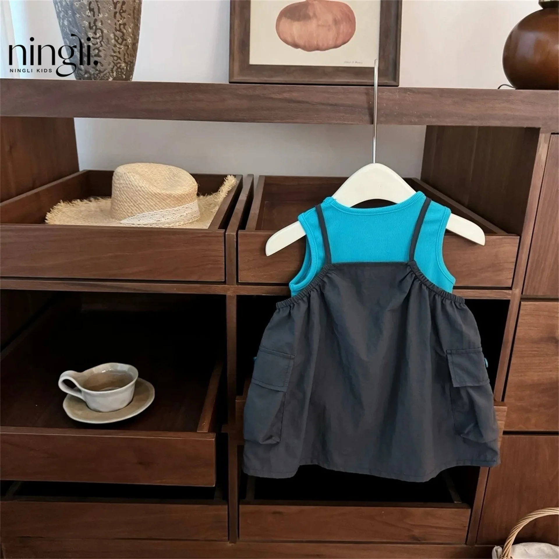 2026 Summer New baby Girl's Blue Tank Top, Work Clothes, Strap Skirt, Fashionable and Stylish Set, Trendy