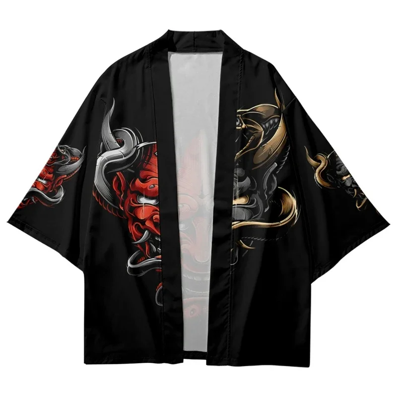 شيطان طباعة الساموراي قميص الملابس التقليدية هاوري كيمونو النساء الرجال انمي ياباني الآسيوية الشارع الشهير سترة يوكاتا تأثيري #6