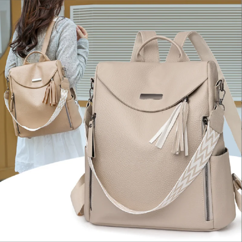 New Fashion Tassels High Quality Leather Anti Theft Travel Backpacks Women's Large Capacity Shoulder Bags Laptop School Bag
