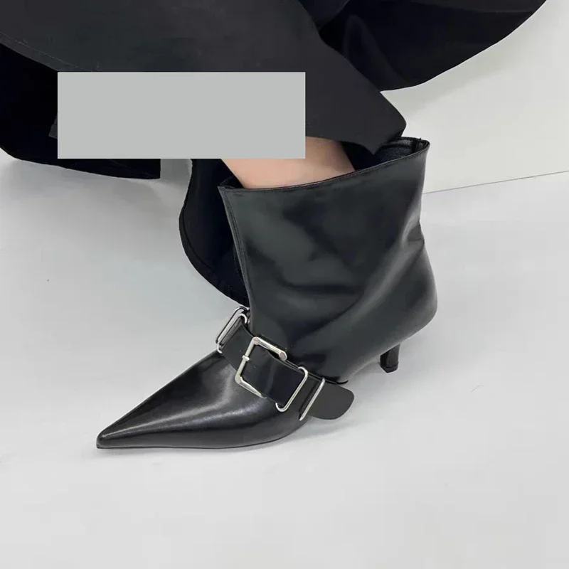 Pointed Toe Metal Buckle Strap Short Boots For Female Women Thin High Heel 2024 New Leather Fabric Elegant Sexy Winter Shoes