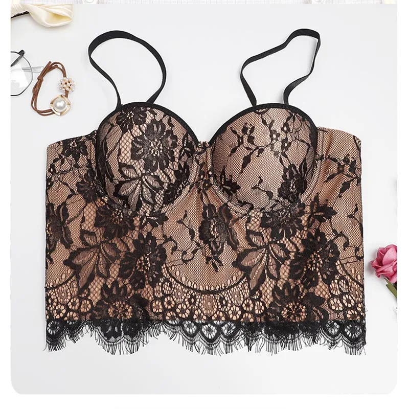 Lace Floral Corset for Women Long Bra Wear Outside Bustier Party Vintage Gothic Bodice Strap Corselet Nude