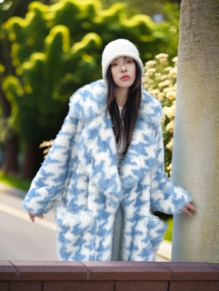 Autumn-Winter Houndstooth Faux Fur Coat Lapel Lady Furry Shaggy Outerwear Women\'s loose Long Jacket Promotion