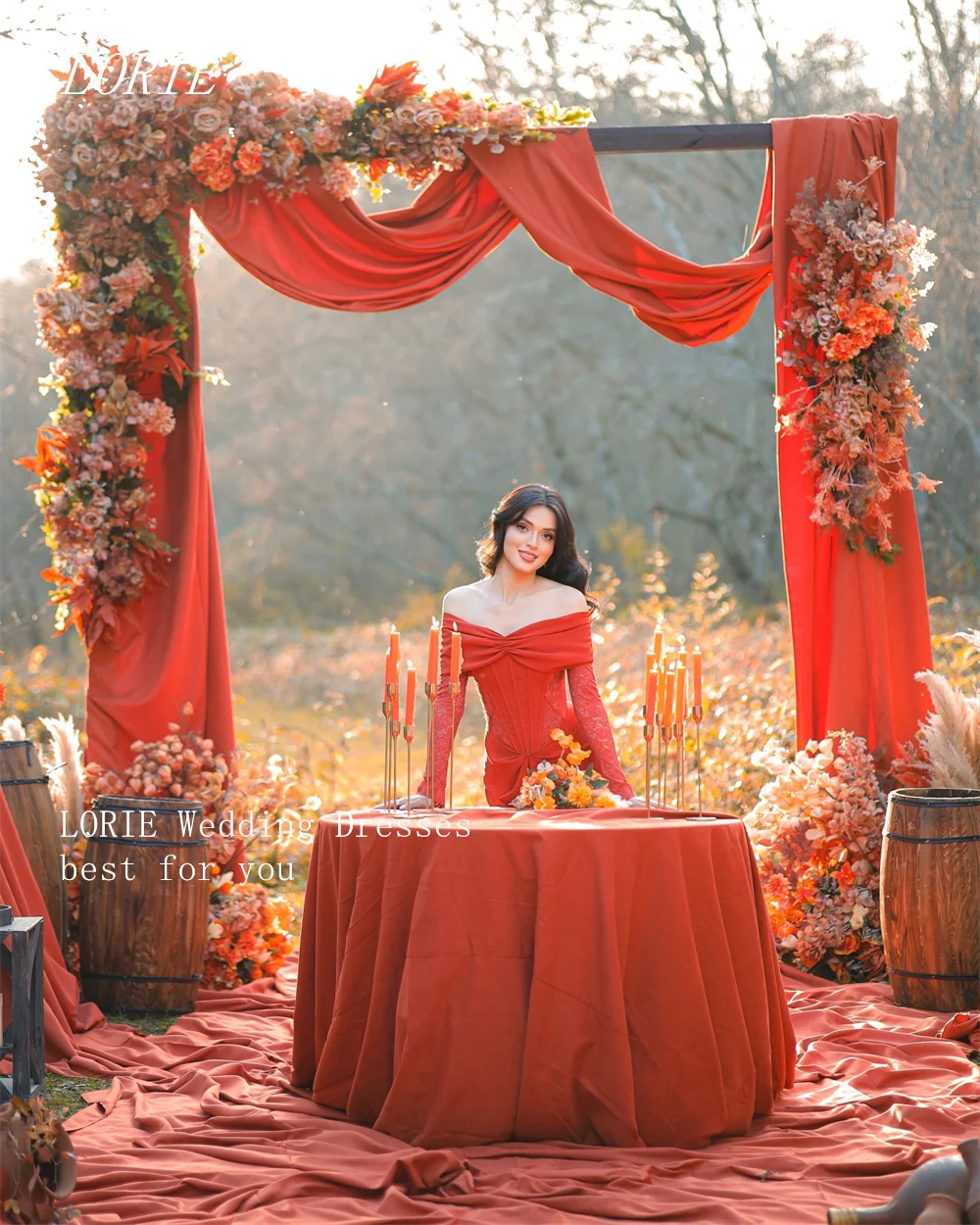 LORIE Luksusowa Suknia Ślubna Syrena z Koronką i Kwiatami, Świąteczna Suknia Ślubna z Długim Rękawem, Suknia Ślubna z Odkrytymi Ramionami, Szyta na Miarę, Kolekcja 2026