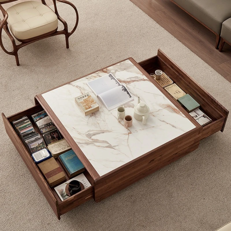 

Black walnut rock slab coffee table Italian light luxury living room square solid wood tea table household storage tea table