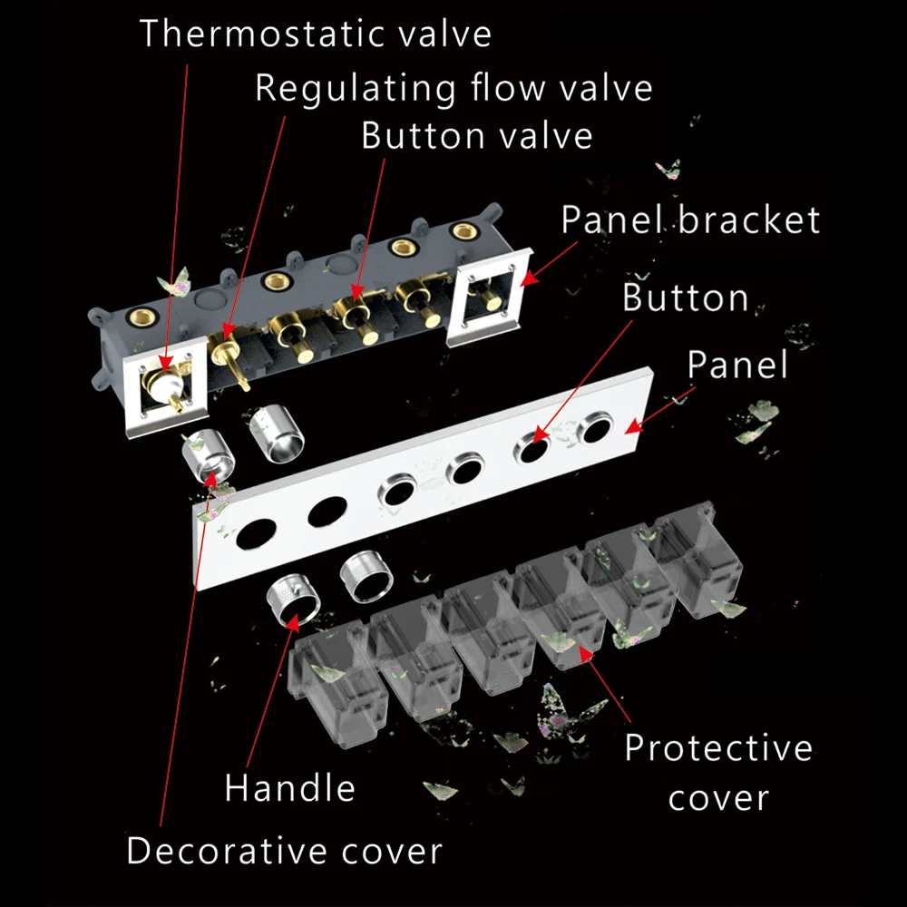 Concealed Thermostatic Shower System Regulating Flow Rate Valve 4 Ways Button Chrome Showers For Bathroom Recessed Wall Faucet