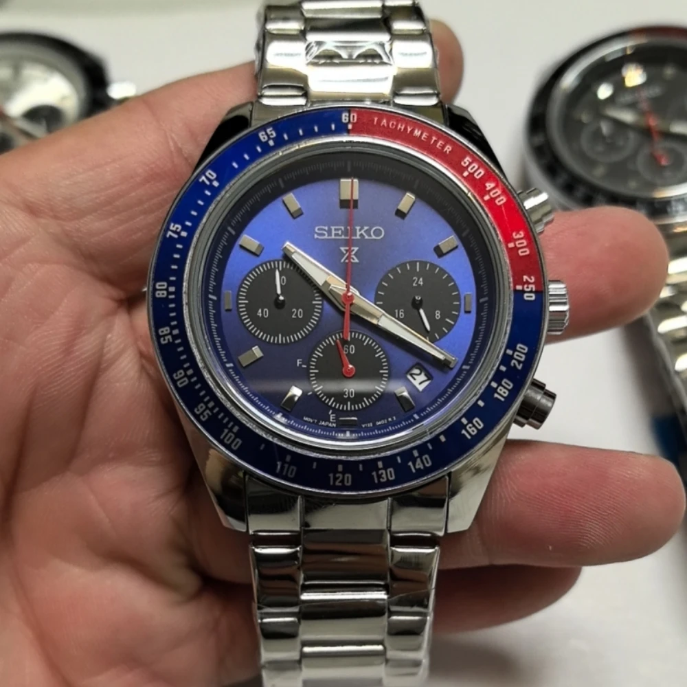 سايكو بروسبكس سبيدتيمر باندا ساعة كوارتز للرجال ، حزام فولاذية ، غلاف معدني ، كرونوغراف 3 عيون ، سوار مجوهرات