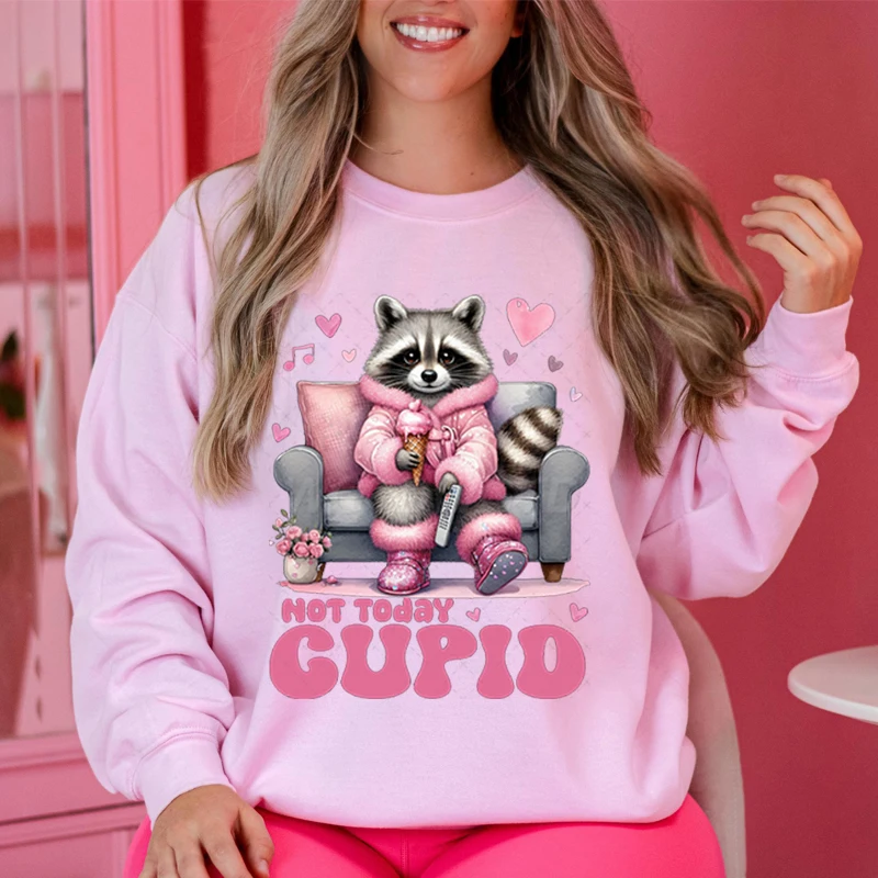 Not Today Cupid Valentine Pink Racoon Print Fashion Hoodie Hip Hop Street Ladies Pink Racoon Autumn Clothing Hoodie for Women