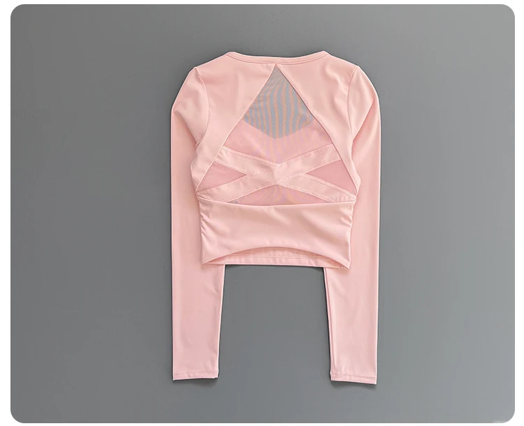Women Deep V Mesh Back Cutout Crop Long Sleeve Yoga Top Slim Quick Dry Breathable Running Fitness Sports Tee