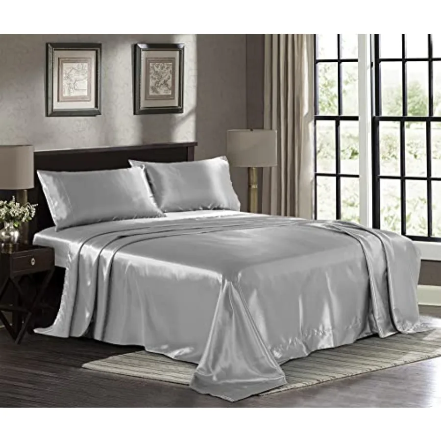 

Satin Sheets King [4-Piece, Grey] Hotel Luxury Silky Bed Sheets - Extra Soft 1800 Microfiber Sheet Set, Wrinkle, Fade, Stain Re