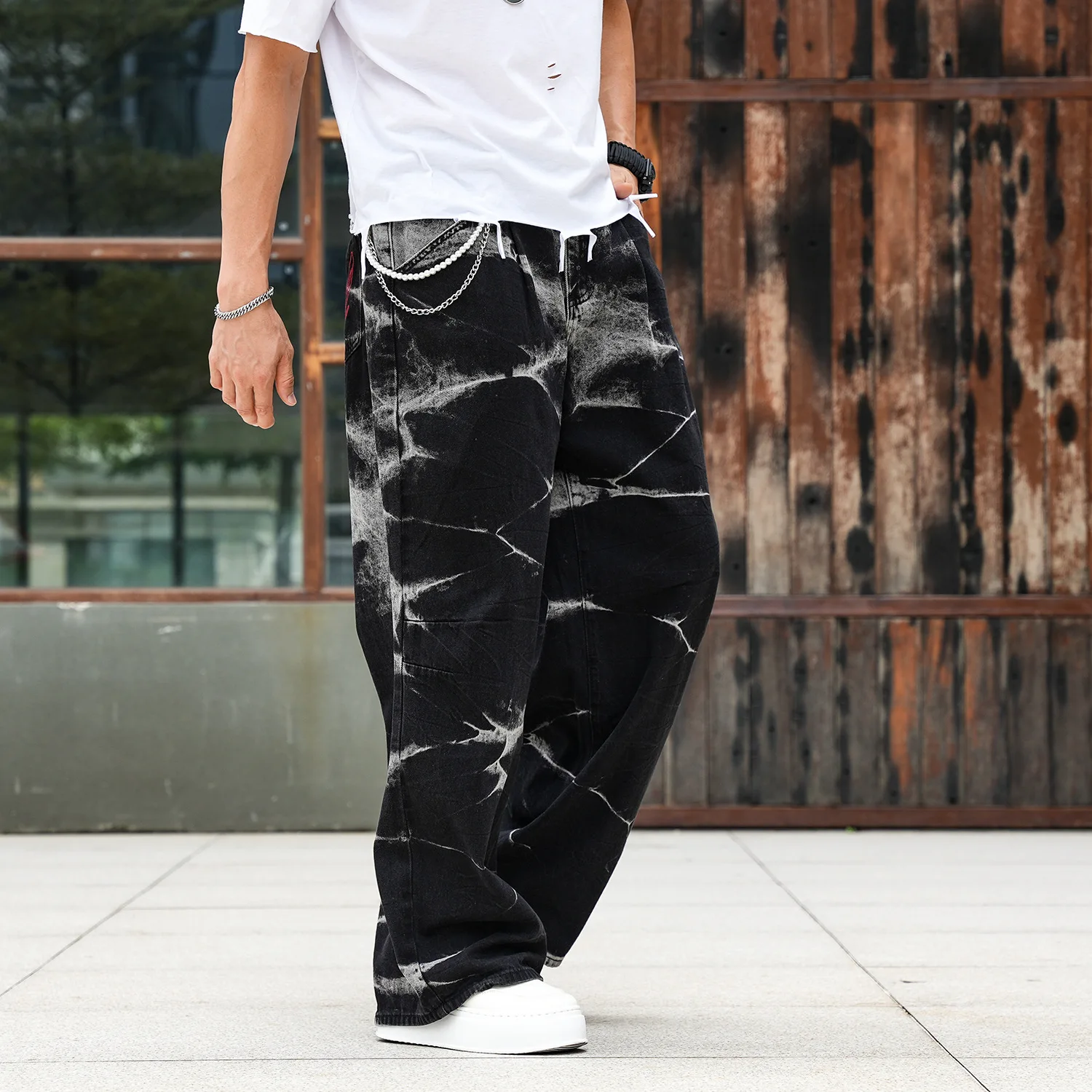 American Style High Street Men Black Casual Simple Basic Floor Length Daily Trendy Wide Leg Jeans Pants New Male Denim Trousers
