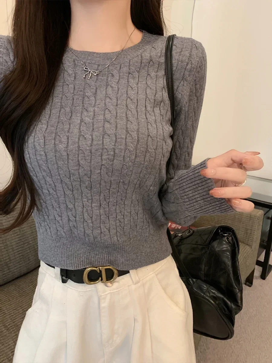 Gagarich 2024 New Versatile Simple Grey Short Round Neck Fried Dough Twists Sweater Knitwear Women Autumn Winter Top