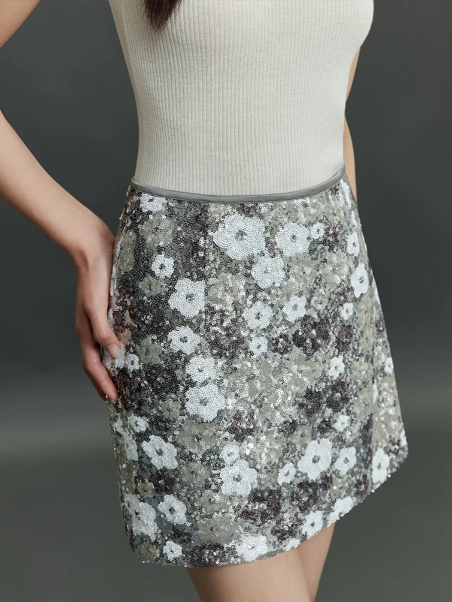 

Spring Design Heavy Embroidery Multi-Color Precision Sequin Light Luxury Floral A-Line Skirt High Waist Polyester Fabric