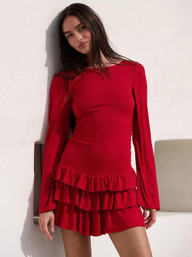 2025 novo outono manga longa plissado sexy mini vestido feminino moda sólida o pescoço cintura alta a linha em camadas clube vestido de festa feminino