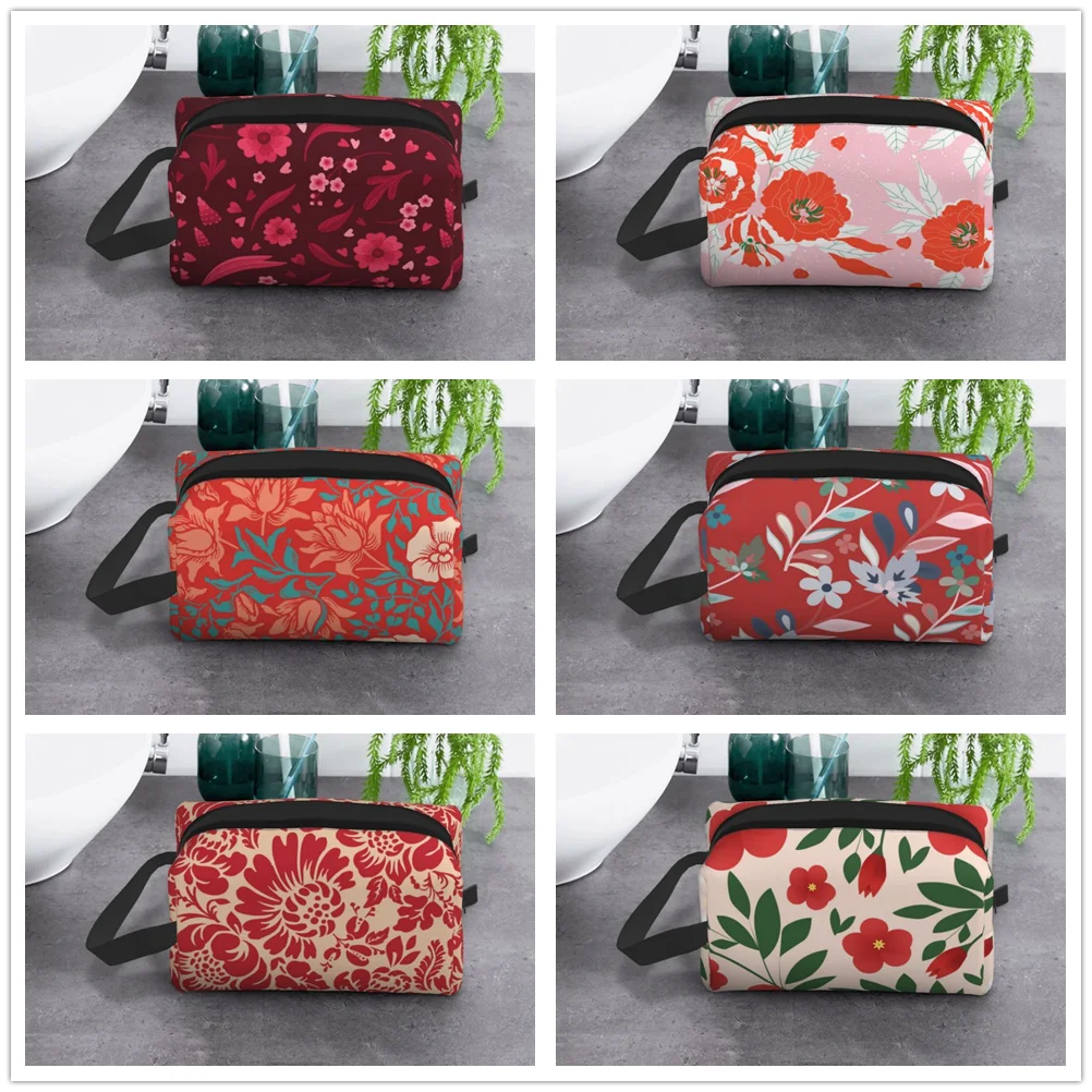 

Red Floral Pattern Makeup bag Ladies Zipper large print travel storage Toiletry bag Pen bag Suitable gifts