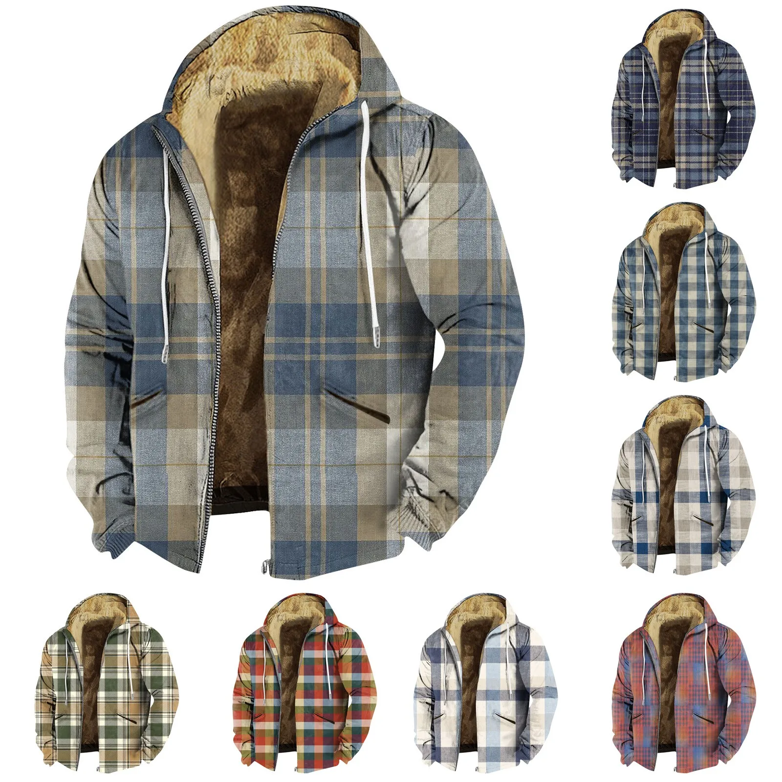 The New Men's Hooded Jacket 2024 Plaid And Fleece Long Sleeve Hooded Combined Fleece Loose Men's Jacket Winter Jacket Men Jacket