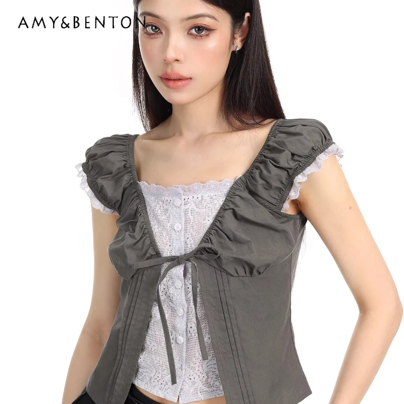 

Original Design Fake Two-piece Contrasting Color Splicing Lace Floral T-shirt 2026 Summer New Korean Sweet Versatile Top Ladies