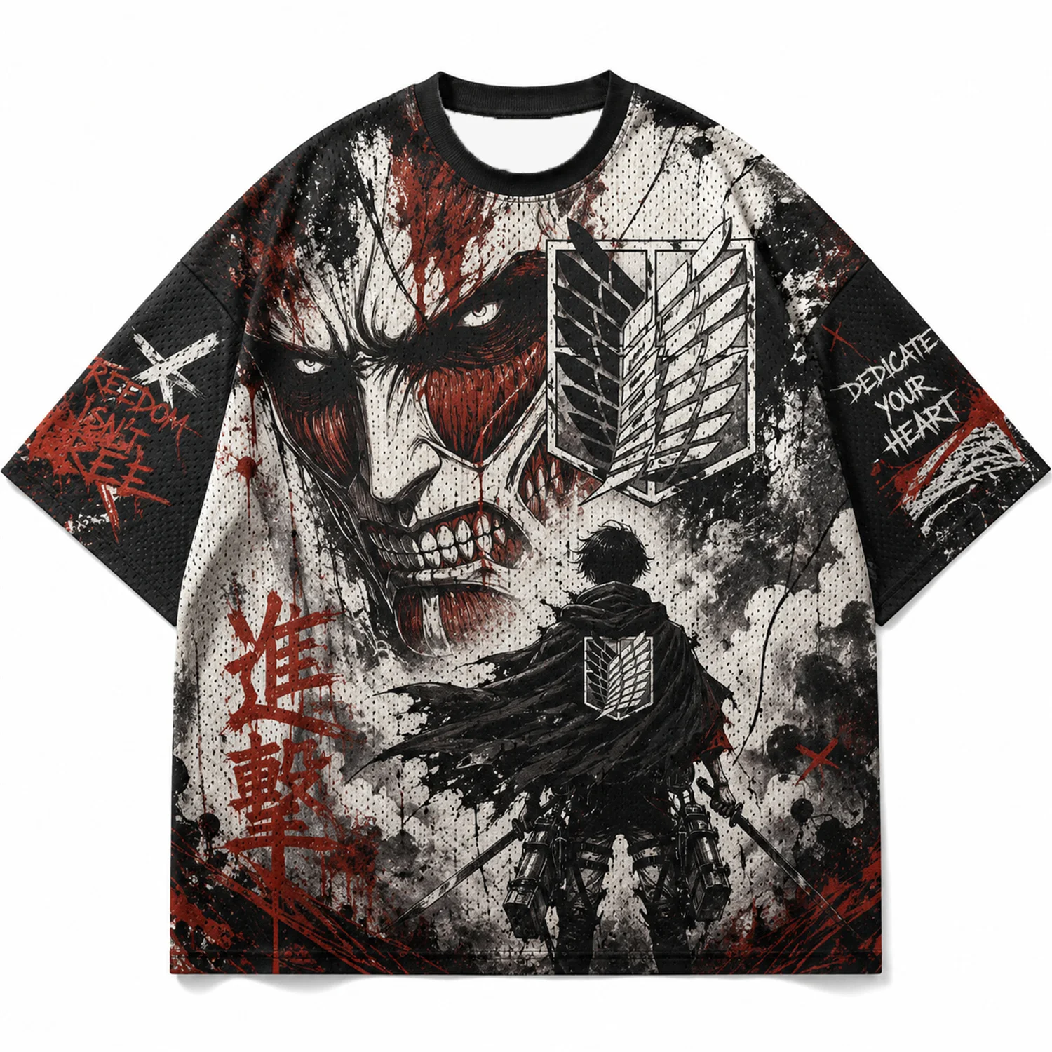 Attack On Titan Giant Titan Survey Corps Graffiti Mesh T Shirt For Men Women Fans Loose Breathable Street Hip Hop Casual Short S