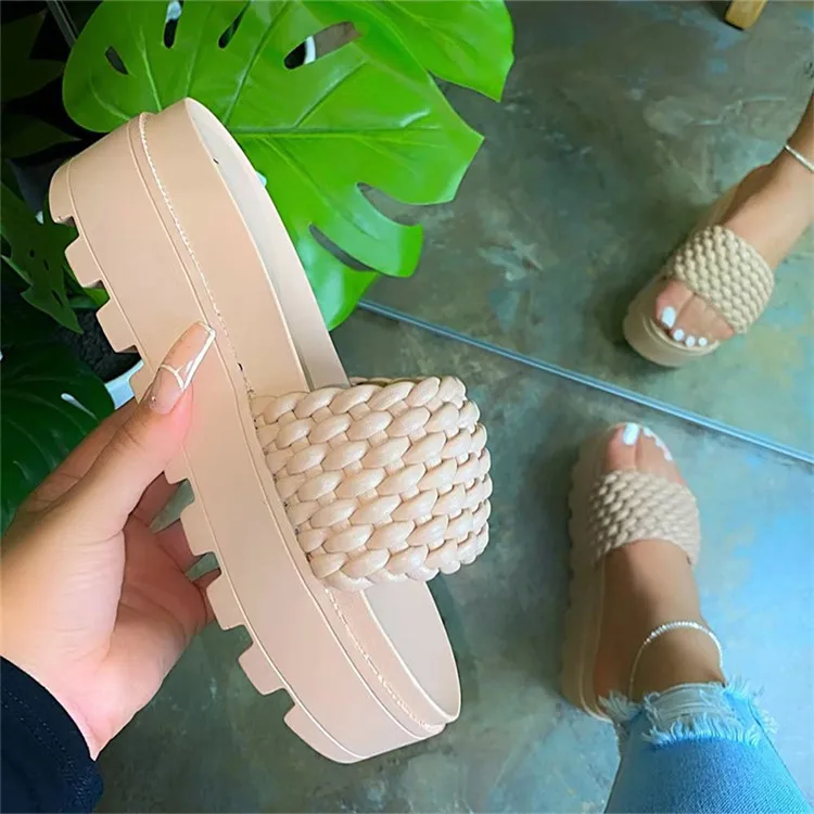 Women Platform Weave Slippers Thick Sole Summer Beach Slides Bathroom Slipper Sandals