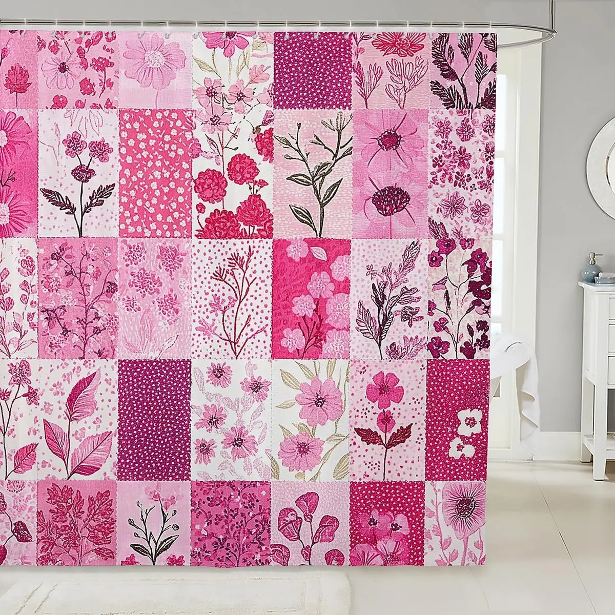 Floral Pink Shower Curtain Waterproof Bathroom Decor Cottagecore Patchwork Pattern Romantic Style Bohemian Washable Shower Curta