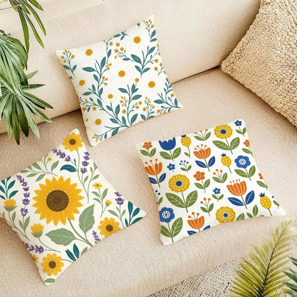 Sunflower Folk Retro Mixed Floral Cushion Cover Natural Linen Organic Fabric Double-Sided Printing Breathable For Home Decor
