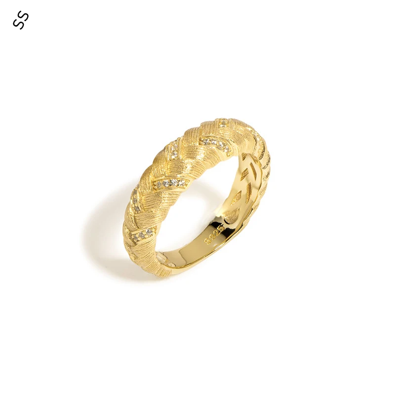 

Sterling Silver Woven Ring S925 Gold Plated Light Luxury Retro Fashion Brushed Vintage Hand Jewelry Daily Accessories