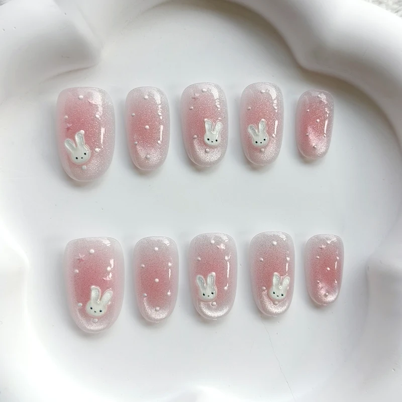10 Stück Niedliche 3D Polka Dot Hasen Neue Katzenaugen Nagelkunst Kurze Mandel-Form Liebliche Erdbeer-Kaninchen Wiederverwendbare Nagelaufkleber Aufklebbare Nägel – Detail 6