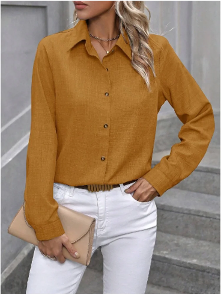 قميص نسائي بياقة قلابة بلون سادة وأكمام طويلة كاجوال بأزرار لأعلى، قميص يومي للمكتب، أنيق متعدد الاستخدامات، على الطراز الحضري للخريف