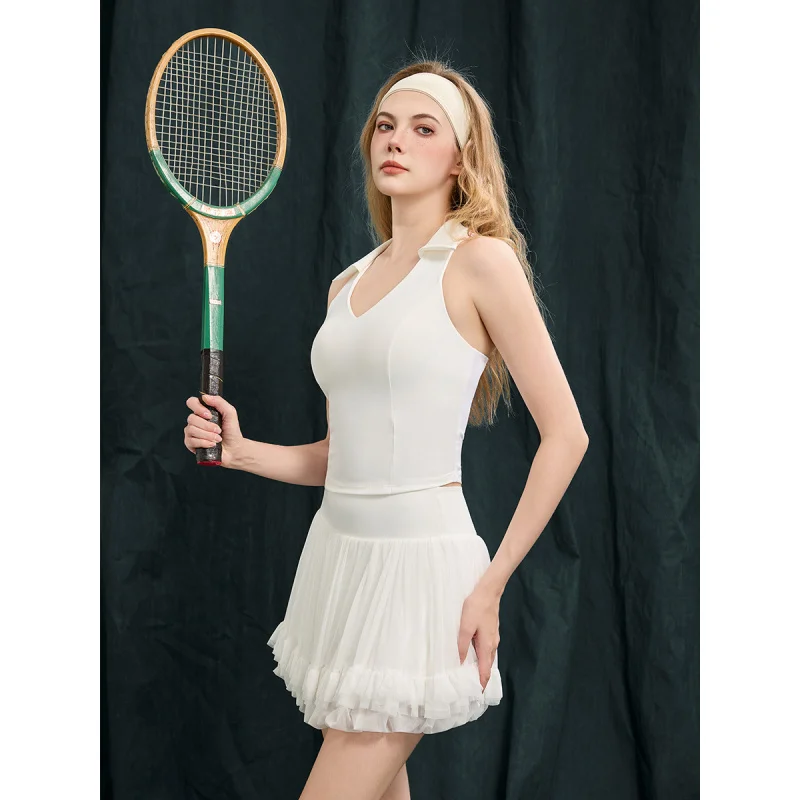 SharpStar Women's Polo Neck Sports Vest Built-in Chest Pad Trendy Tennis Skort Suit Breathable Badminton Skirt Set with Shorts