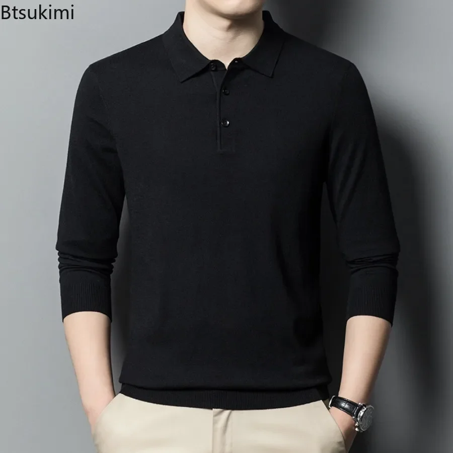 New 2024 Men\'s Casual Cotton Blend Sweater Tops Solid POLO Collar Business Sweater Pullovers Men Simple Wool Knitwear Tops Male